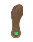 Bottom view of El Naturalista N413 sandal showing textured recycled cork sole with green logo, designed for grip and eco-conscious wear.