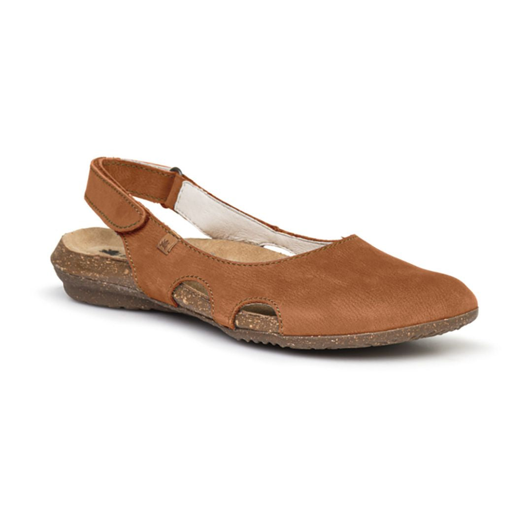 Women's El Naturalista N413 closed-toe leather sandal in brown with recycled cork sole and adjustable backstrap, ideal for summer comfort.