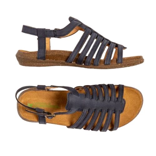 Top and side view of N5056 sandal in Ocean. Footbed is beige with El Naturalista branding.