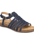 N5056 Backstrap Sandal in Ocean. A strappy sandal with a navy nubuck upper, a cork midsole, and a brown rubber outsole. Buckle is fitted with gold hardware.