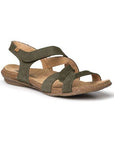 El Naturalista N5079 Backstrap Sandal in olive green featuring soft leather straps and a cork-textured sole for stylish, eco-conscious wear.
