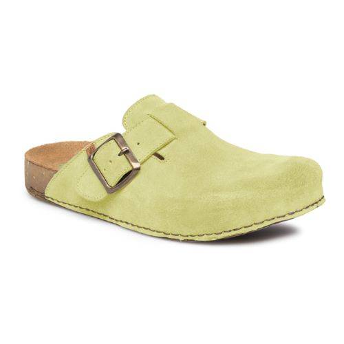 El Naturalista clog in light green suede with an adjustable buckle, featuring a cork sole for comfort and eco-friendly design.