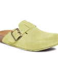 El Naturalista clog in light green suede with an adjustable buckle, featuring a cork sole for comfort and eco-friendly design.
