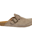Clog in taupe suede with an adjustable buckle and cork outsole.
