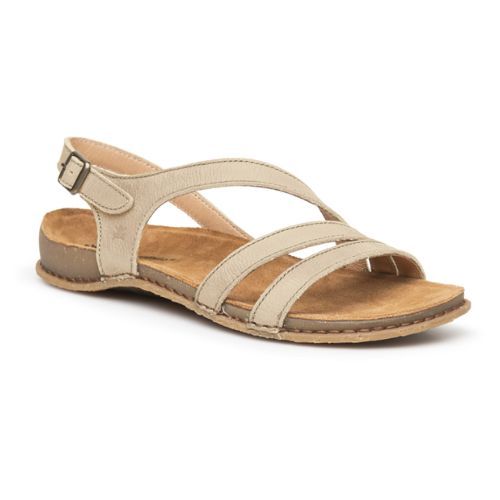 Women's Backstrap Leather Sandal in cream 3 thin cross straps, buckled ankle strap and thin beige footbed with tan rubber outsole.