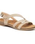 Women's Backstrap Leather Sandal in cream 3 thin cross straps, buckled ankle strap and thin beige footbed with tan rubber outsole.