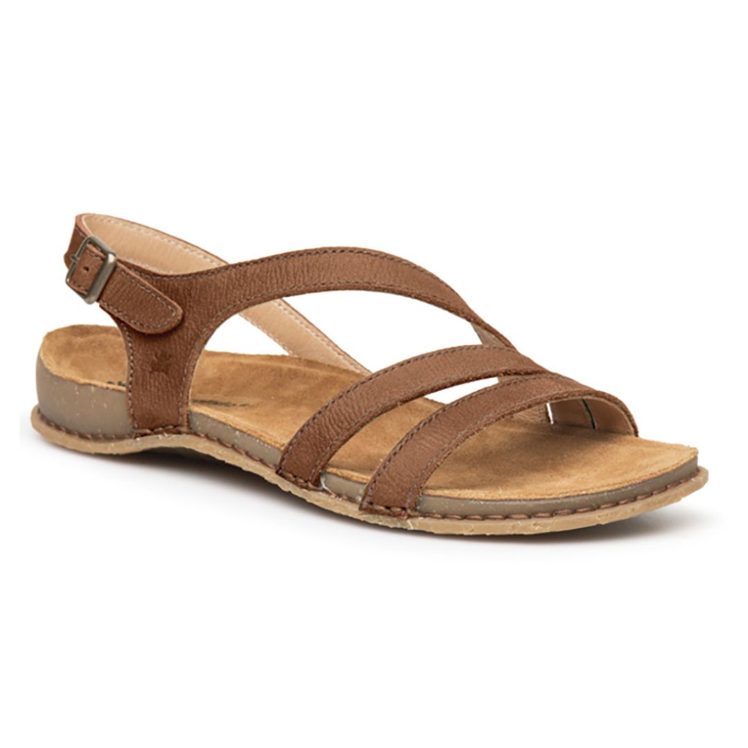 Women's Backstrap Leather Sandal in brown 3 thin cross straps, buckled ankle strap and thin beige footbed with tan rubber outsole.