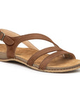 Women's Backstrap Leather Sandal in brown 3 thin cross straps, buckled ankle strap and thin beige footbed with tan rubber outsole.