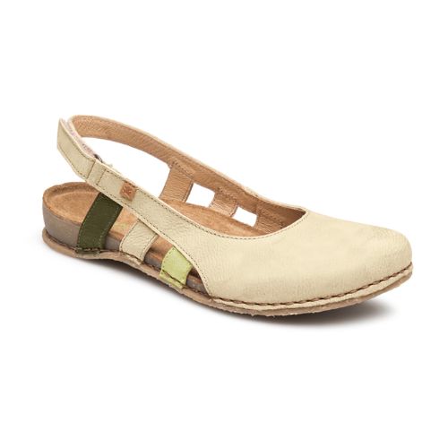 Eco-friendly Women's El Naturalista N5817 Closed-Toe Sandal in beige with multicolor side straps and sustainable flat sole for all-day comfort.