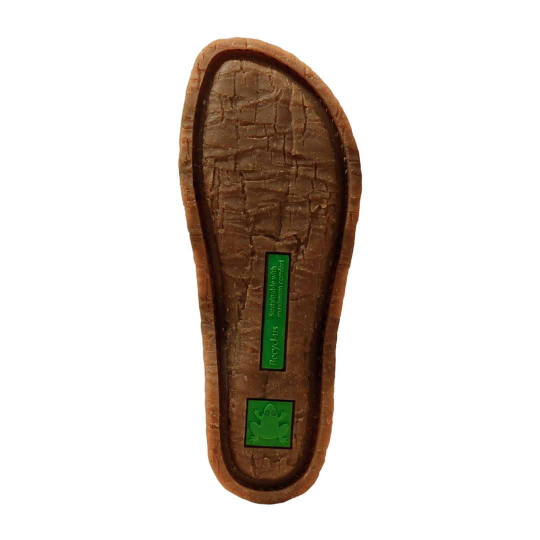 Outsole view of El Naturalista N5817 Closed-Toe Sandal highlighting textured recycled rubber sole with green eco-conscious branding.