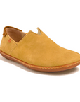 Yellow slip-on shoe with brown accents and brown outsole.