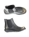 Pair of A black leather Chelsea boots with dual elastic side goring, bronze brushed toe cap and heel, and a low lugged rubber outsole.