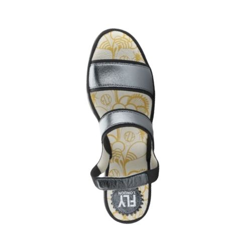 Top view of Women's FLY London Yaco Crossover Wedge Sandal showing cushioned insole with floral pattern and crossover strap design.