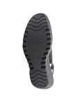 Outsole view of black FLY London Yeay Wedge Sandal with textured rubber sole and embossed FLY London logo for grip.