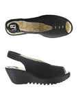 Top and side views of black FLY London Yeay Wedge Sandal showing floral insole, peep toe, and sleek wedge silhouette.