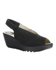 Women's FLY London Yeay Wedge Sandal in black genuine leather with peep toe and slingback strap on a black wedge heel.
