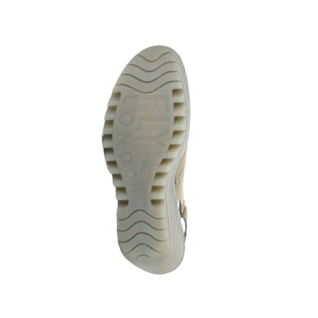 Outsole view of olive green FLY London Yeay Wedge Sandal featuring durable ridged rubber sole with FLY London branding.