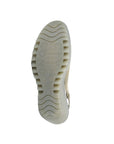 Outsole view of olive green FLY London Yeay Wedge Sandal featuring durable ridged rubber sole with FLY London branding.