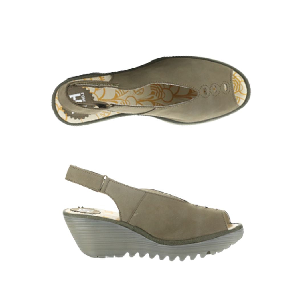 Top and side views of olive green FLY London Yeay Wedge Sandal showing floral insole and adjustable backstrap design.