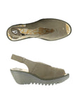 Top and side views of olive green FLY London Yeay Wedge Sandal showing floral insole and adjustable backstrap design.