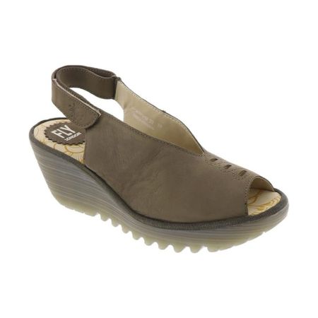 Women's FLY London Yeay Wedge Sandal in olive green with genuine leather upper, peep toe, and ridged sole for stylish comfort.