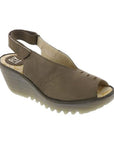 Women's FLY London Yeay Wedge Sandal in olive green with genuine leather upper, peep toe, and ridged sole for stylish comfort.