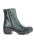 Profile of A deep green ankle boot with side zipper and a black rubber chunky low heel outsole.