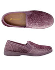 Top and profile view of Debbie 2 in pink. Insole is tan with Foamtreads logo visible. Slipper has pink elastic panels on each side for easy on and off.