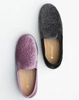 Top view of one Debbie Slipper in pink, and another in black.
