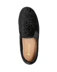 Top view of Debbie 2 in black. Insole is tan with Foamtreads logo visible. Slipper has elastic panels on each side for easy on and off.
