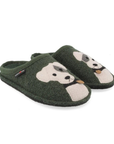 Pair of dark green boiled wool slippers with a white Jack Russell Terrier dog face design on each, and a small orange dog tag detail.