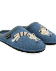 A pair of blue felt slip-on slippers with embroidered felt cat designs on the front, with Haflinger tag on side of cuff.
