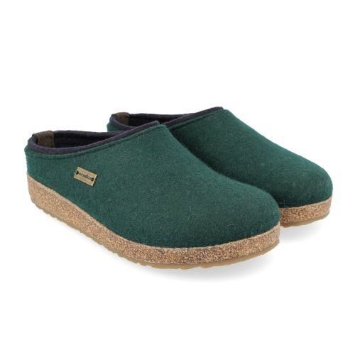 Kris Wool Clog in Blue. A dark blue wool upper with a grey band, cork midsole, and a brown rubber outsole. A small brass badge with the Haflinger logo is stitched to the side.