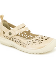 JBU Bellerose Encore Mary-Jane Flat in beige with floral cutouts and a white rubber outsole, perfect for versatile styling.
