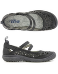 Top and side views of the JBU Bellerose Encore Mary-Jane Flat, featuring floral cutouts and adjustable straps.