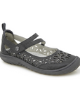 Black Mary-Jane Flat with floral perforations and durable rubber outsole, ideal for casual wear.