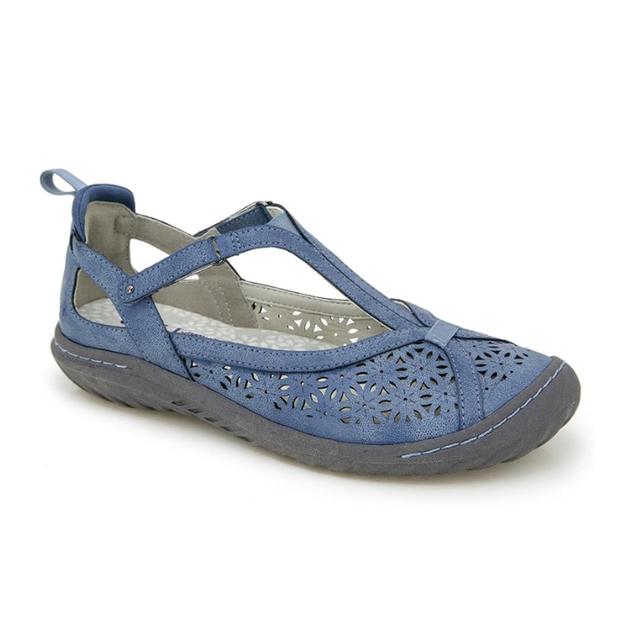 Blue Mary-Jane shoe with floral cut-outs, cross strap, and black rubber outsole.