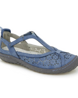 Blue Mary-Jane shoe with floral cut-outs, cross strap, and black rubber outsole.