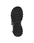 Black treaded outsole of walking sandal with Josef Seibel logo in middle.