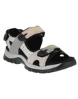 Grey multi-tone Walking sandal with pale pink and yellow accents, black lining, grey midsole and black outsole.