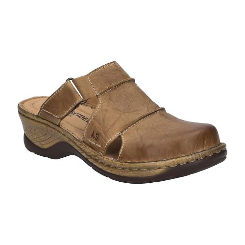 Brown leather clog with an adjustable Velcro strap. Midsole is brown with a wooden print, outsole is dark brown.
