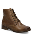 A brown leather lace-up ankle boot with a low block heel, shown from a three-quarters angle on a white background.