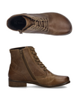 A pair of women's brown leather Josef Seibel lace-up ankle boots shown from two angles: a top-down view at the top and a side profile view at the bottom.