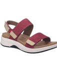 Deep Pink backstrap sandal with three thick Velcro straps, tan accents, tan Josef Seibel logo'd footbed and a thick white midsole.