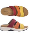 Pair of Slide sandals with three Velcro straps, each a different color; pink, orange and yellow, with tan Josef Seibel logo'd footbed, thick white midsole and black outsole