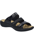 Women's Romika Ibiza Leather Slide Sandal in black with three adjustable straps and a cushioned removable footbed for orthotic support.
