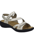 Women's Romika Ibiza 70 Backstrap Sandal in metallic silver with asymmetrical straps and removable footbed, ideal for lightweight summer wear.