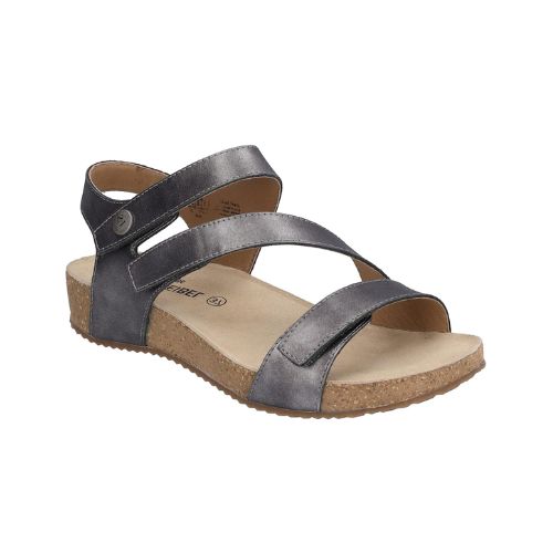 Women's Josef Seibel Tonga 25 Sandal in metallic grey with cork sole and adjustable leather straps for comfort and support.