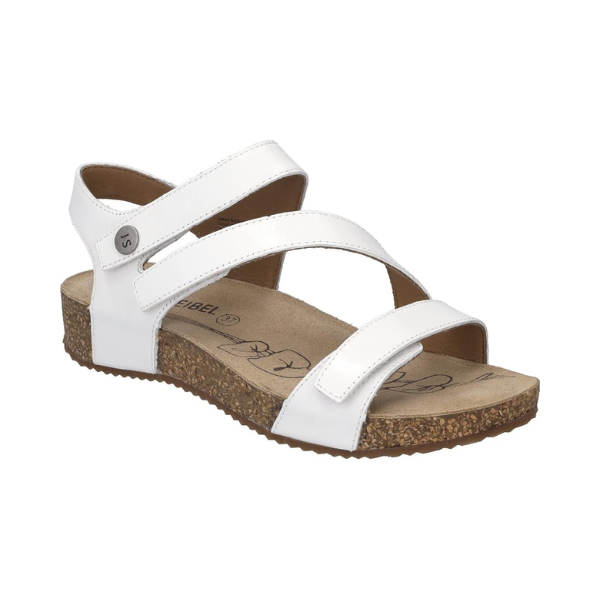 Women's Josef Seibel Tonga 25 Sandal in white leather with cork sole and supportive backstrap, ideal for casual summer outfits.