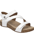 Women's Josef Seibel Tonga 25 Sandal in white leather with cork sole and supportive backstrap, ideal for casual summer outfits.
